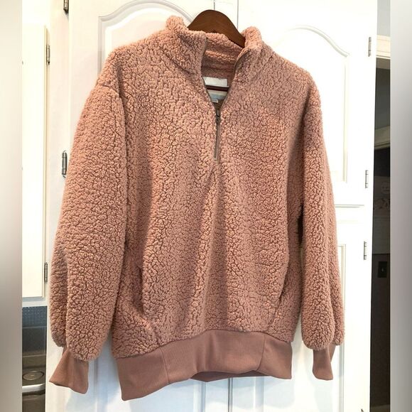 American Eagle Sherpa Kitten Soft Warm Pink 1/2 Zip Sweater with Pockets Size Sm - Picture 1 of 5